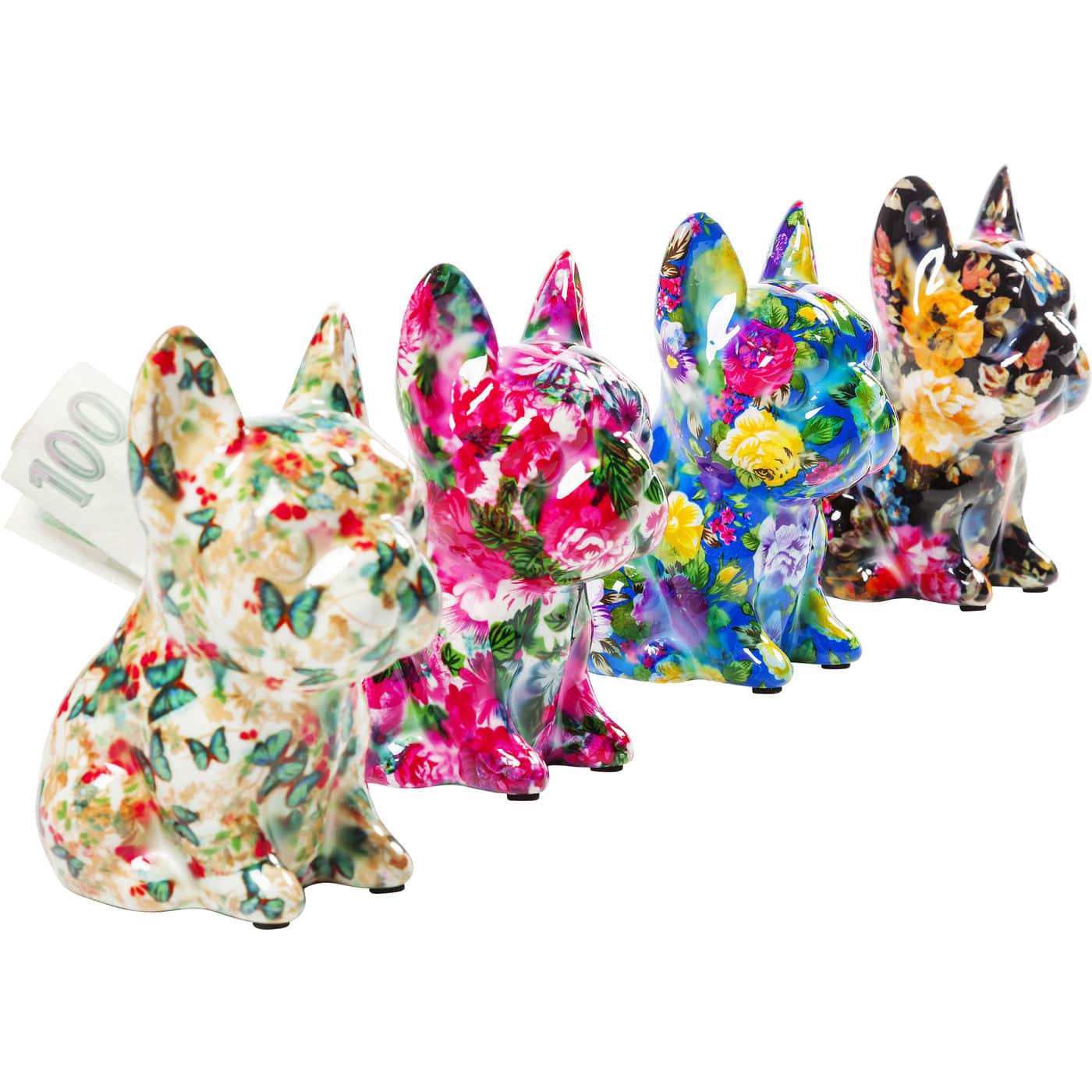 Handpainted dolomite Great Dane money box with floral patterns