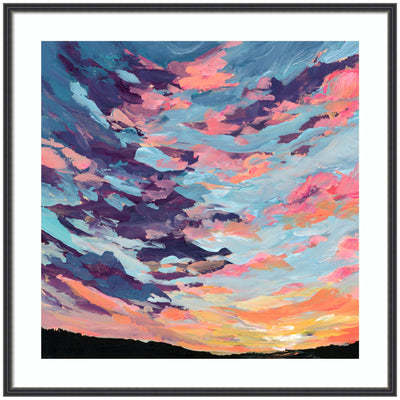 Framed Art Sunset Study by Emily Kenney showing an abstract sunset in shades of pink, purple, and blue with dark horizon, held in a slim black frame