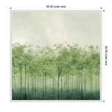 Framed canvas print featuring abstract green trees with slender black trunks against a misty, soft gray-green background, measuring 30 by 30 inches.