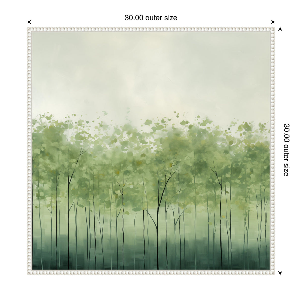 Framed canvas print featuring abstract green trees with slender black trunks against a misty, soft gray-green background, measuring 30 by 30 inches.