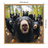 Close-up of a large black bear's face with a curious expression surrounded by eight other black bears in a forest with green foliage and fallen leaves.