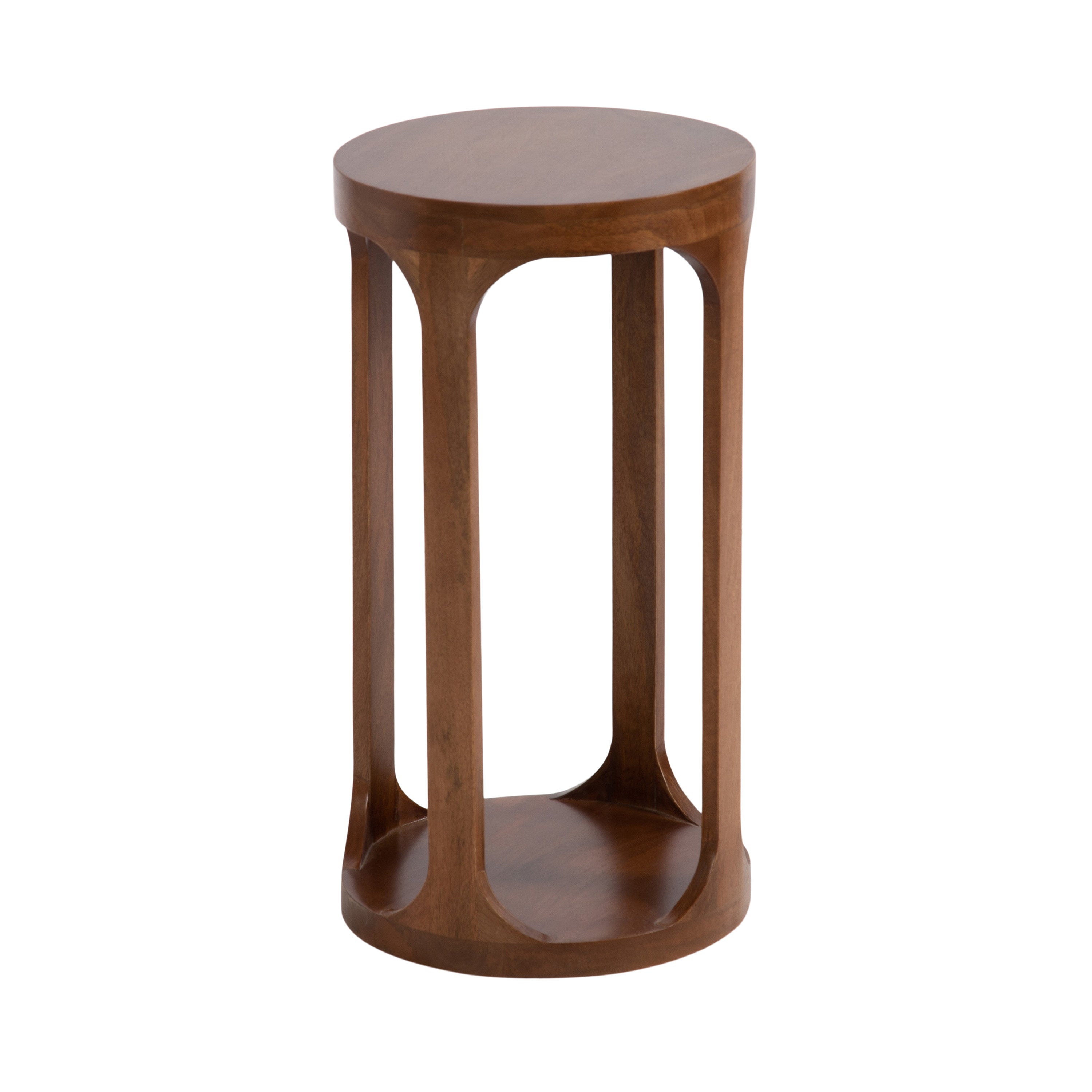 Dahl Wood Drink Table in a room setting showing wooden slatted tabletop and mango wood finish