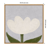 Minimalist painting of a white tulip with three petals and two large green leaves on a muted lavender-gray background, framed in light wood.
