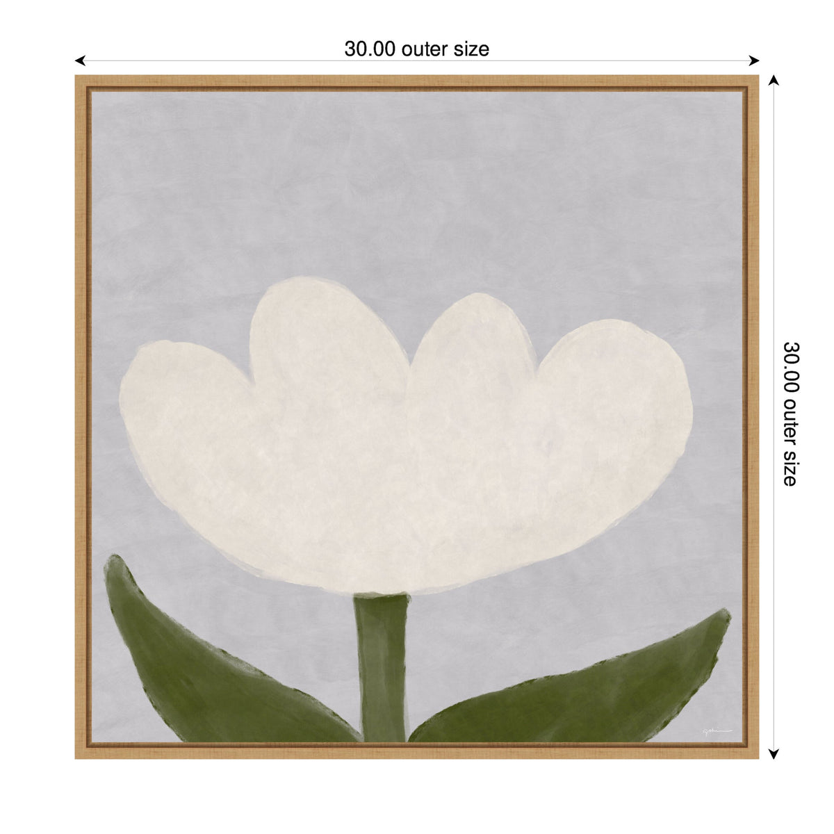 Minimalist painting of a white tulip with three petals and two large green leaves on a muted lavender-gray background, framed in light wood.