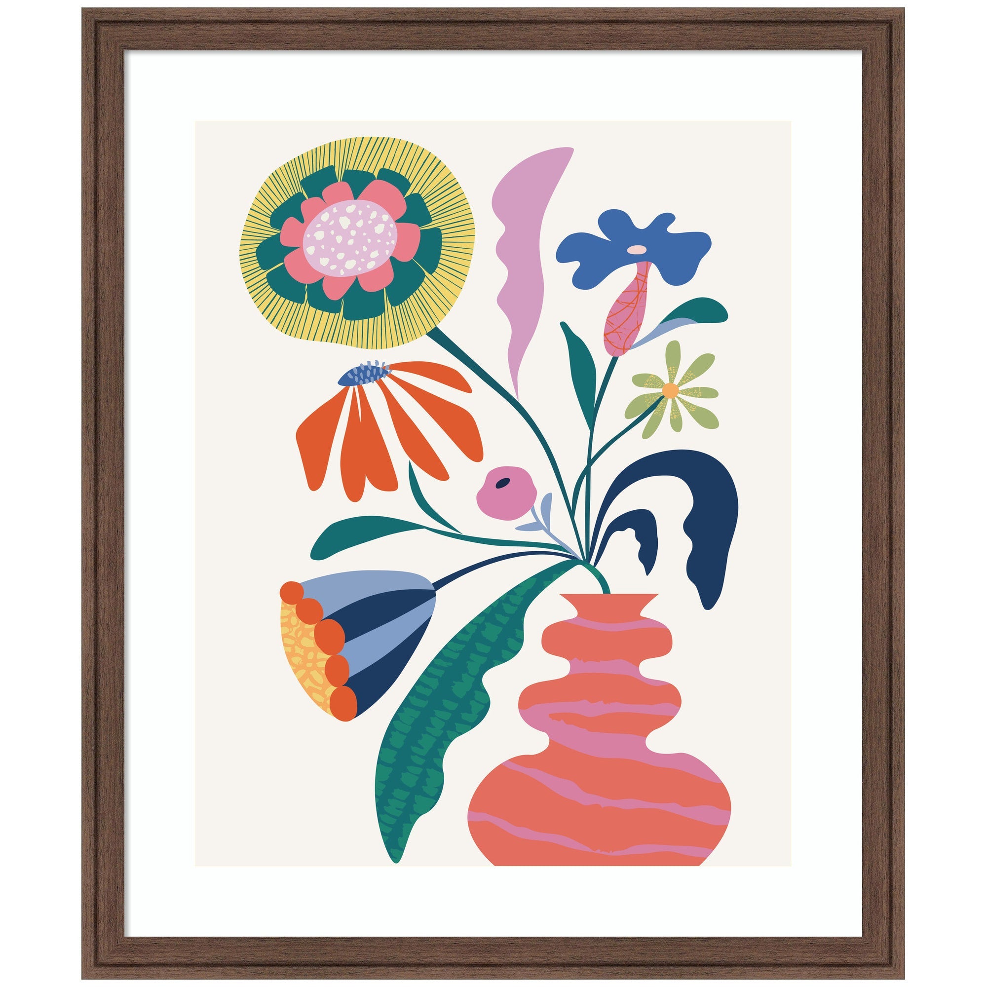 Framed art print showing an abstract colorful bouquet of whimsical flowers in a stylized vase by Rachel Lee