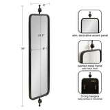 Tall rectangular mirror with rounded corners in a slim satin black metal frame, topped and bottomed with decorative round finials, shown with dimension labels.