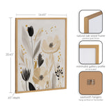 Muted floral print with black and beige flowers and gold dots in a natural oak wood frame with gold finish, minimalist gallery style, shown with frame details and hanging options.