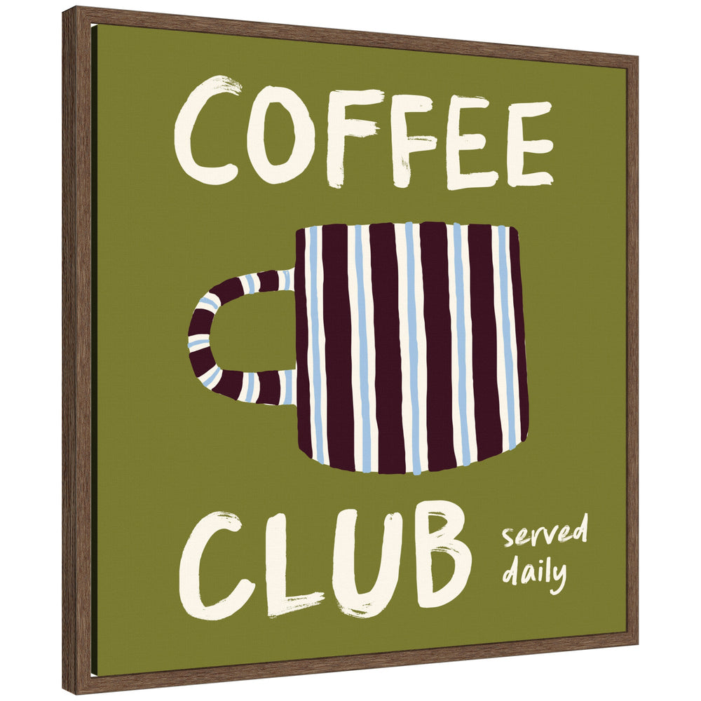 Coffee Club Kitchen Sage Green framed canvas wall art print in walnut brown Sylvie frame