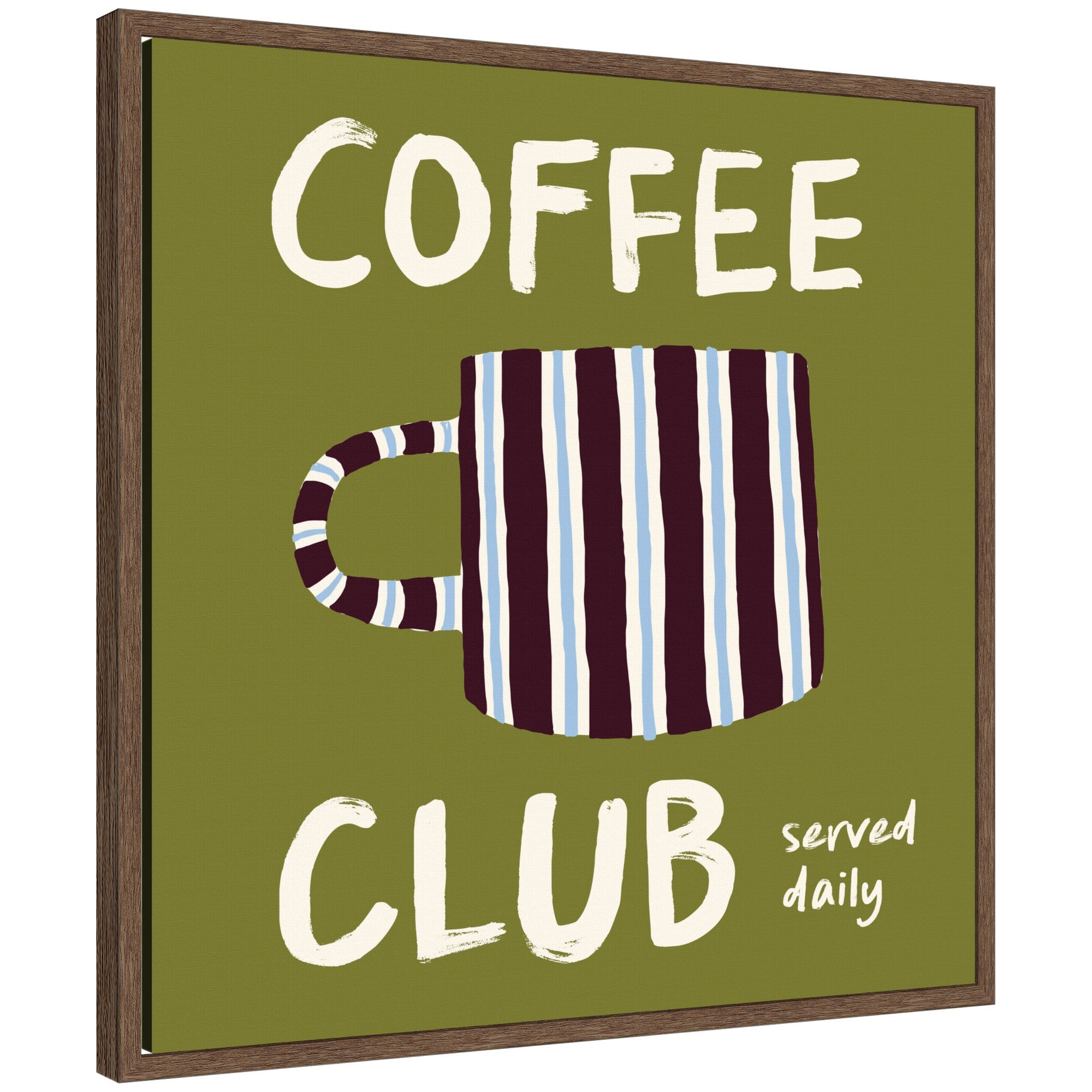 Coffee Club Kitchen Sage Green framed canvas wall art print in walnut brown Sylvie frame