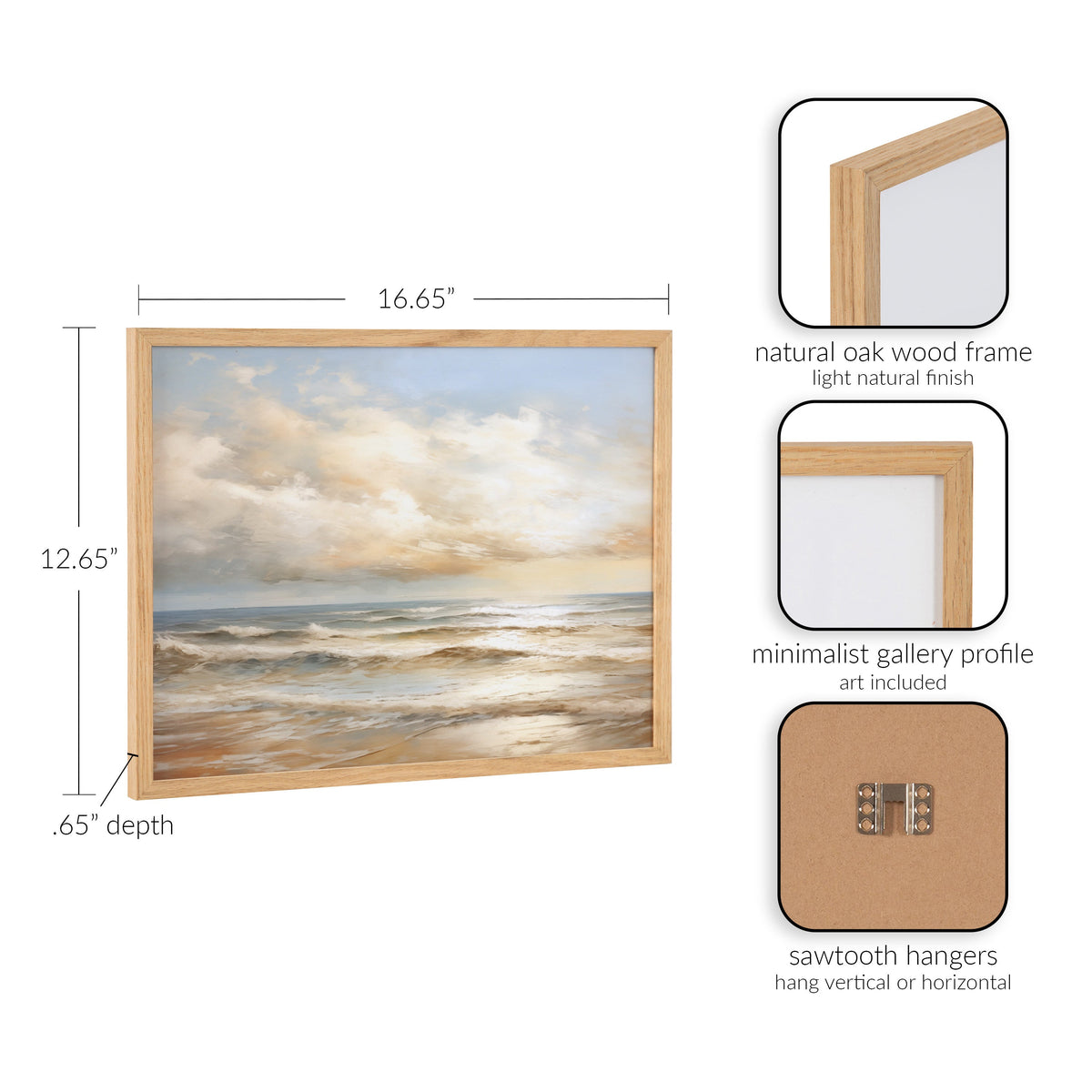 Framed landscape print of a cloudy sky over ocean waves, with a natural oak wood frame in a minimalist gallery profile and sawtooth hangers for vertical or horizontal display.