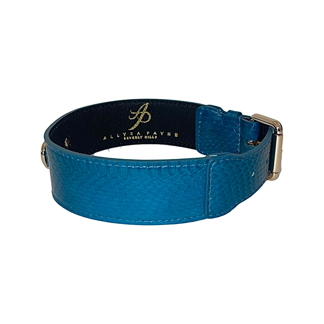 Dark turquoise dog collar with a subtle snake texture and gold buckle hardware, shown in a curved position on a white background.