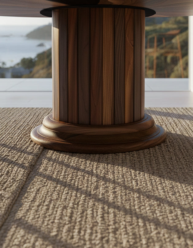 Handcrafted round dining table with walnut wood top and solid wood drum pedestal base featuring custom epoxy resin inlay