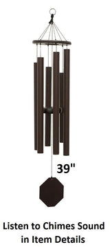 Amish handmade aluminum wind chimes in various sizes hanging outdoors