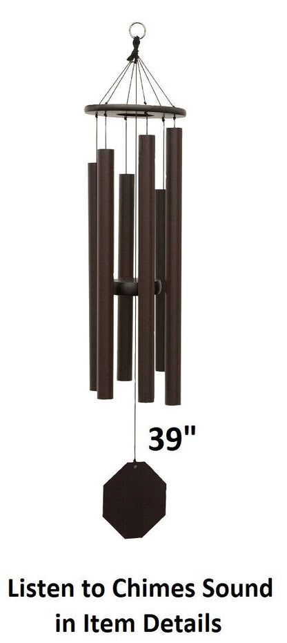 Amish handmade aluminum wind chimes in various sizes hanging outdoors