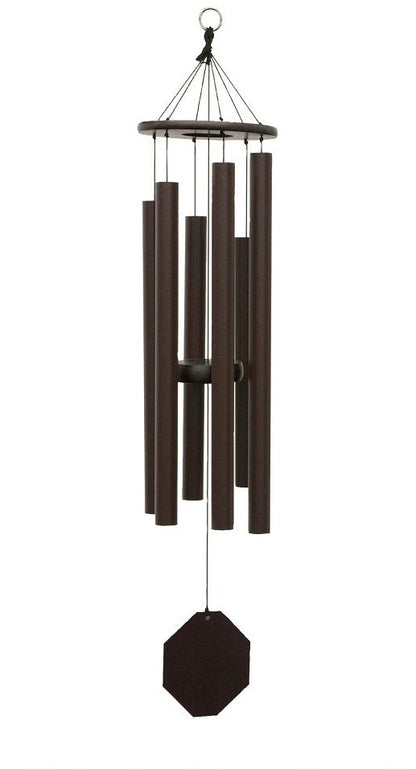 Amish handmade aluminum wind chimes in various sizes hanging outdoors