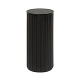 Tall cylindrical side table with vertical fluted detailing and a smooth, flat top in dark wood finish.