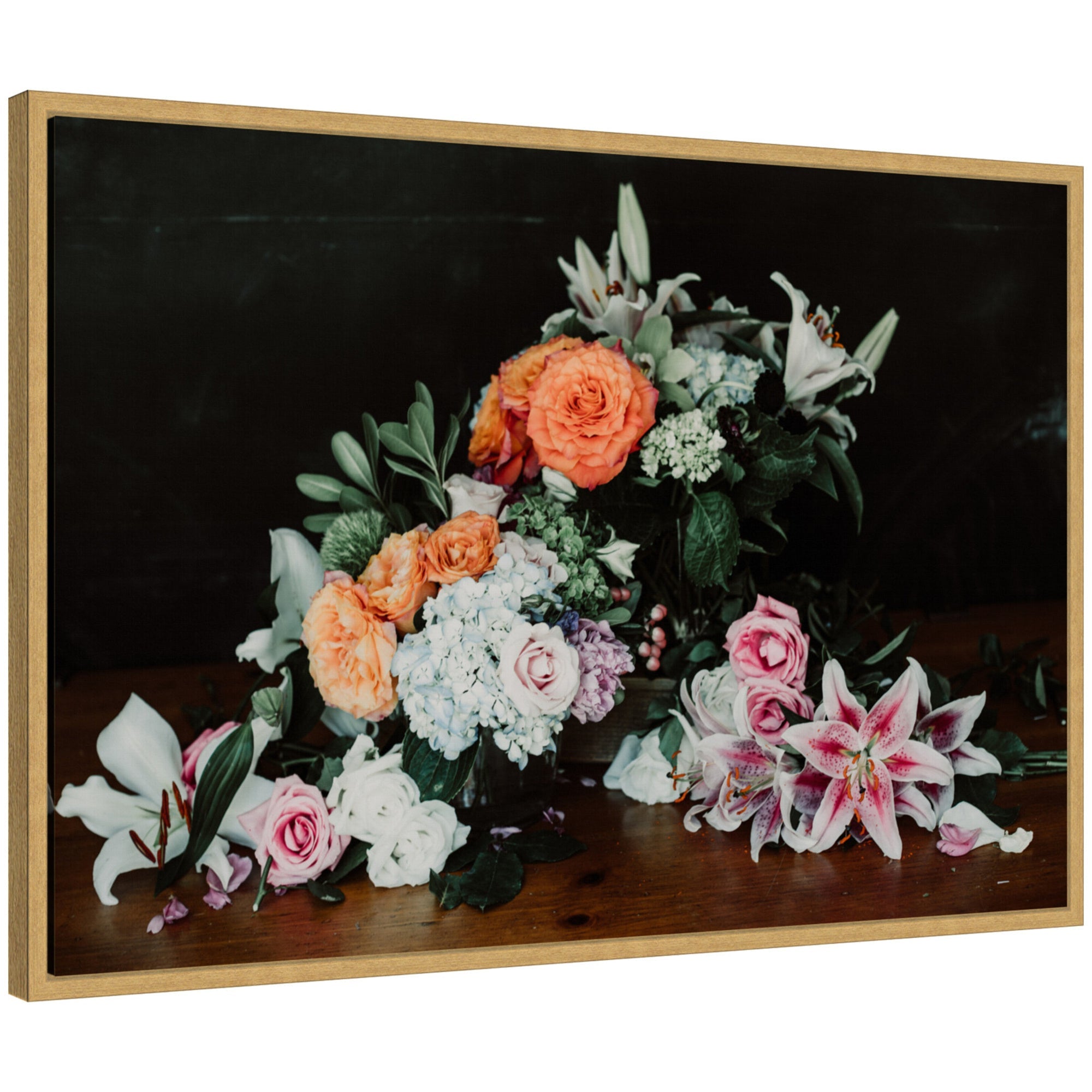 Sylvie Moody Bouquet framed canvas art featuring moody floral bouquet with dark moody background and pops of bright flowers