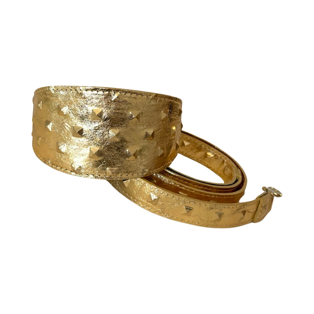 Gold embossed Italian leather dog collar and leash set featuring a 3-inch wide collar with gold studded accents and matching narrow leash coiled beside it.