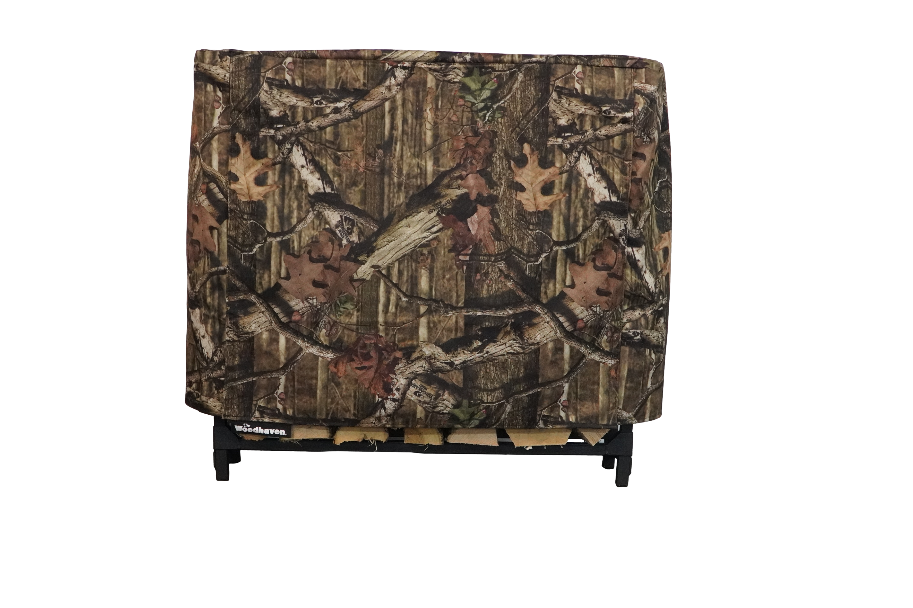 Woodhaven Full Firewood Rack Cover on firewood rack in outdoor setting