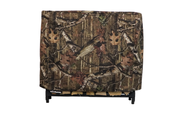 Woodhaven Full Firewood Rack Cover on firewood rack in outdoor setting