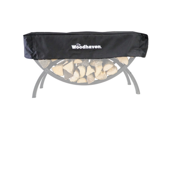 Woodhaven Short Firewood Rack Seasoning Cover in black on a firewood rack