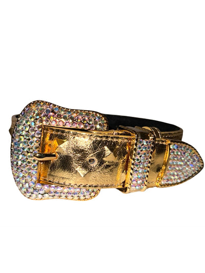 Gold embossed studded leather collar with large Swarovski crystal buckle on white background
