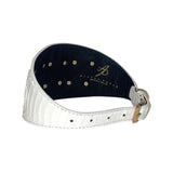 Matte white snake-patterned leather collar with a 4-inch width and multiple gold-tone rivet holes, featuring a gold buckle and black interior lining.