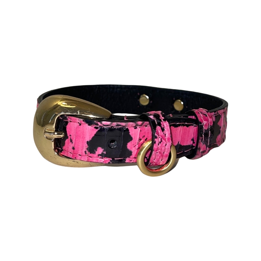 XS/S dog collar in fuchsia, light pink, red and black snake pattern with custom gold Italian hardware
