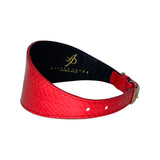Wide red collar with embossed snake scale texture and gold buckle, interior stamped with gold logo and designer name.