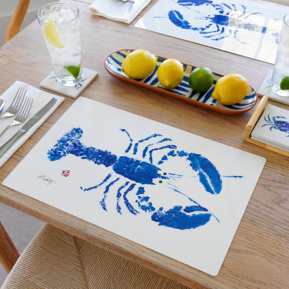 Blue lobster vinyl placemat with coastal design