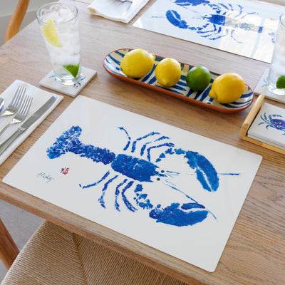 Blue lobster vinyl placemat with coastal design