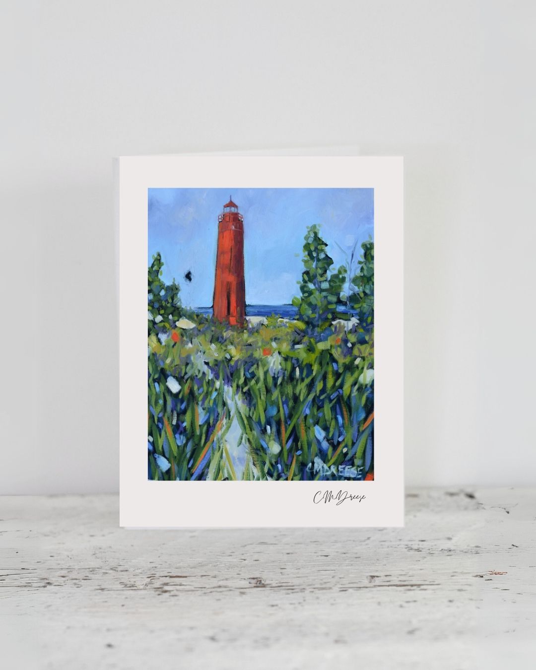 Notecard featuring Silver Lake Lighthouse on white linen textured paper