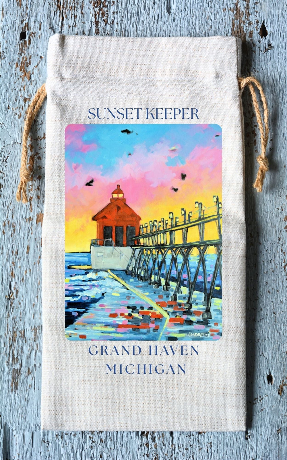 Wine Tote: Grand Haven Lighthouse - Sunset Keeper by Dreese Fine Art - Resin Society