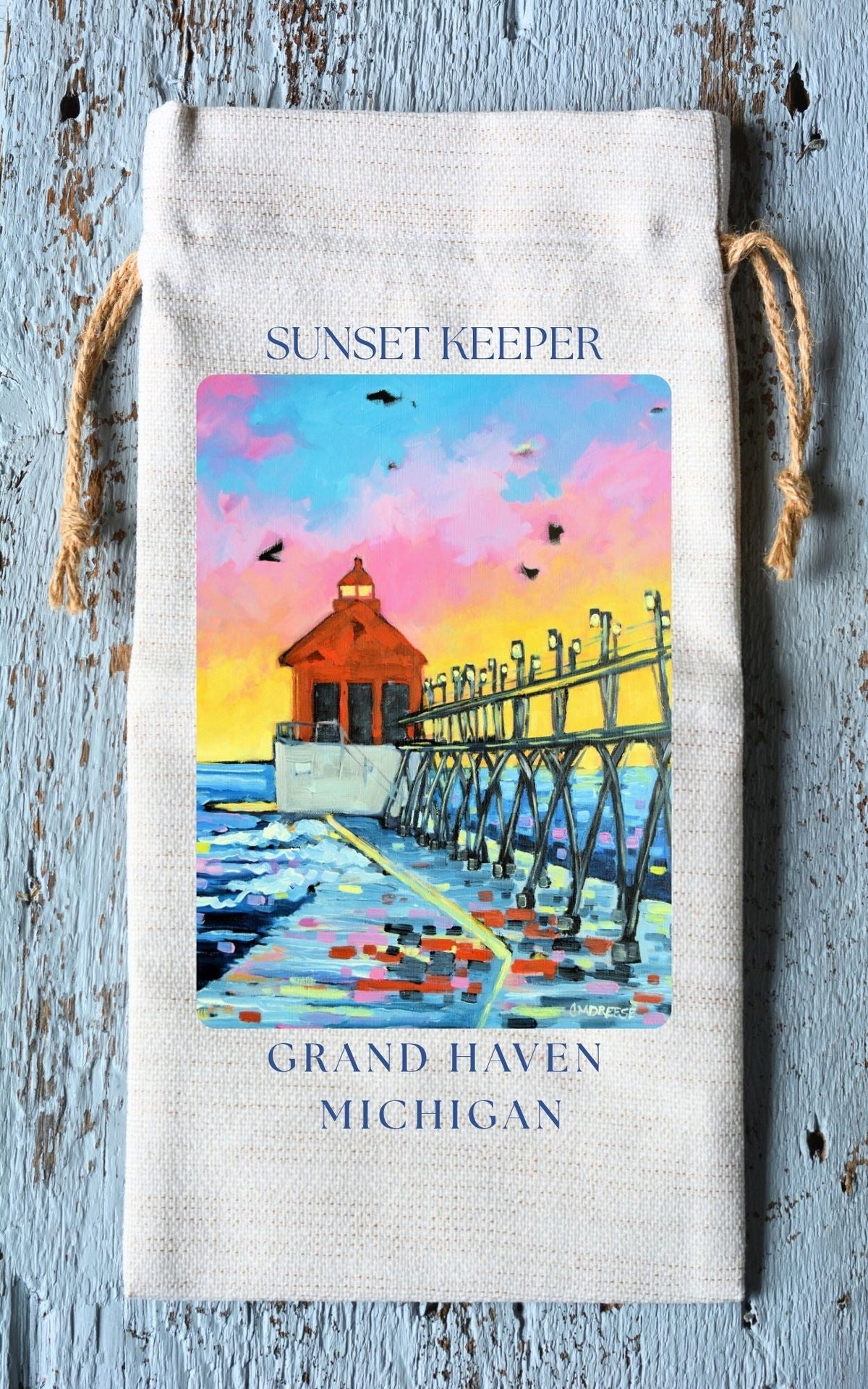 Wine Tote: Grand Haven Lighthouse - Sunset Keeper by Dreese Fine Art - Resin Society