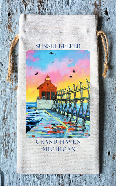 Wine Tote: Grand Haven Lighthouse - Sunset Keeper by Dreese Fine Art - Resin Society