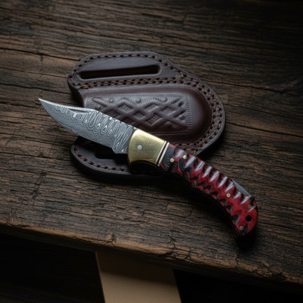 Crimson Ridge Damascus Folding Knife - TF-096 by Titan International K - Resin Society