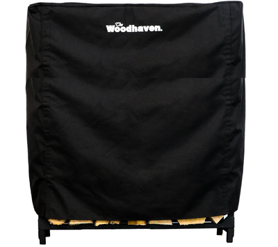 Woodhaven Full Firewood Rack Cover on firewood rack in outdoor setting