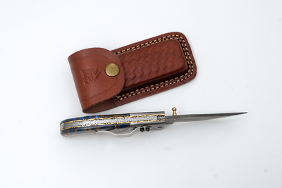 Hand-Forged Damascus Folding Pocket Knife | Blue Resin & Burl Wood Handle with Pocket Clip & Spine File Work -TF-073
