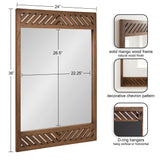 Rectangular wall mirror with a solid mango wood frame in natural finish featuring diagonal chevron cutout patterns on top and bottom edges.