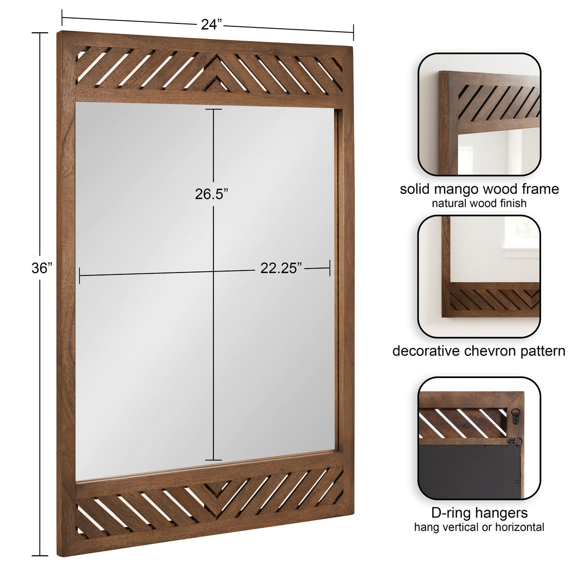 Rectangular wall mirror with a solid mango wood frame in natural finish featuring diagonal chevron cutout patterns on top and bottom edges.