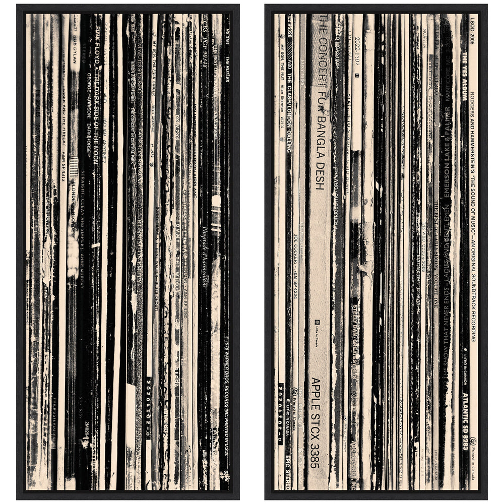 Two piece framed canvas wall art set titled 33 RPM Black and White Panel No.
1 & 2 by Robert Cadloff, showing black and white panels in Sylvie black frames
