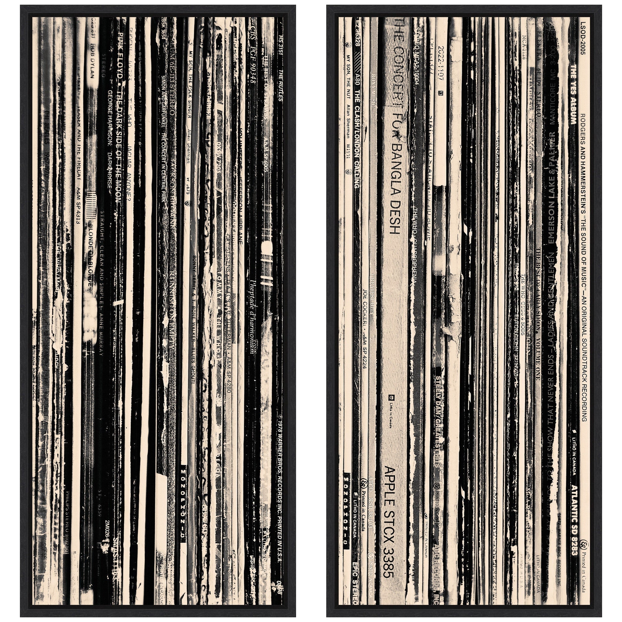 Two piece framed canvas wall art set titled 33 RPM Black and White Panel No.
1 & 2 by Robert Cadloff, showing black and white panels in Sylvie black frames