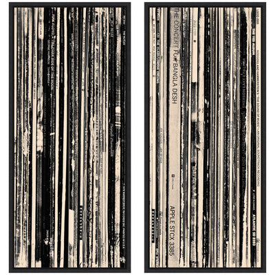 Two piece framed canvas wall art set titled 33 RPM Black and White Panel No.
1 & 2 by Robert Cadloff, showing black and white panels in Sylvie black frames