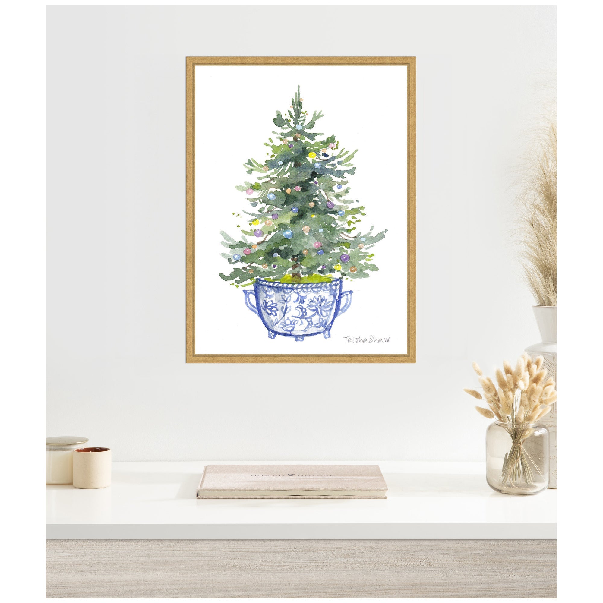 Sylvie Framed Canvas Traditional Christmas Tree In Blue Chinoiserie Pot