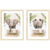 Elephant Palm Bathtub 2 Piece Framed Wall Art Print Set showing botanical and bathtub imagery in black frames