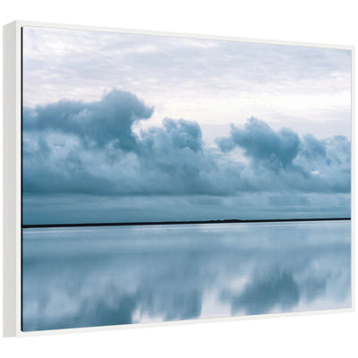 Sylvie Minimalist Sky Reflection In Iceland framed canvas showing soft sky and water reflection in muted blue and beige tones.