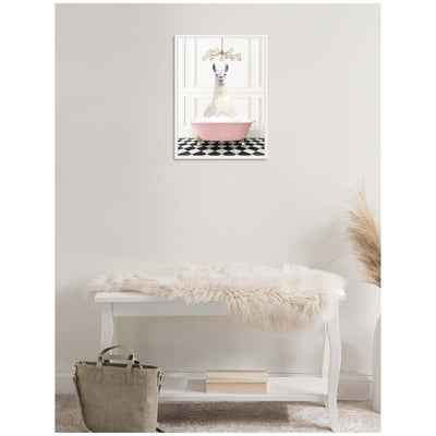 Sylvie Llama in Pink Bathtub on Checker Floor Framed Canvas by Amy Peterson