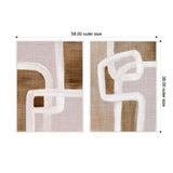 Two framed abstract canvas artworks side by side, each featuring rhythmic white lines on a textured background of beige and brown tones, with dimensions indicated as 58 by 38 inches.