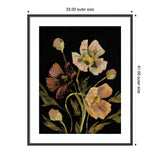 Framed floral painting featuring large white and dark red flowers with green stems and leaves on a black background, accented by soft peach buds.