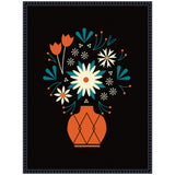 Illustration of a red-orange vase holding stylized cream, teal, and orange flowers on a solid black background in a black decorative frame.